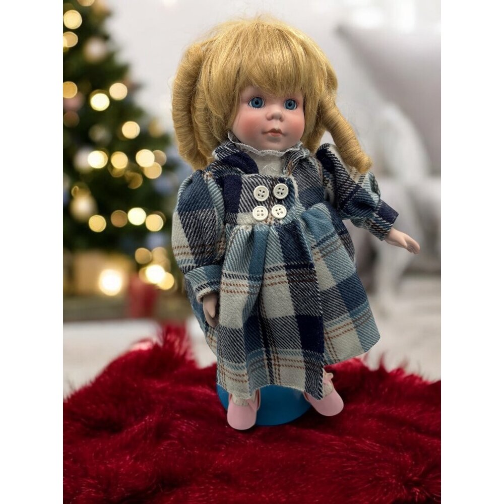 Vintage MYD Marian Yu Designs Porcelain Doll Blonde hair Plaid Coat Numbered + s